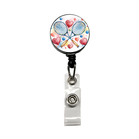 Tennis Rackets Crossed With Hearts Watercolor Retractable ID Key Card Name Tag Badge Holder with Clip