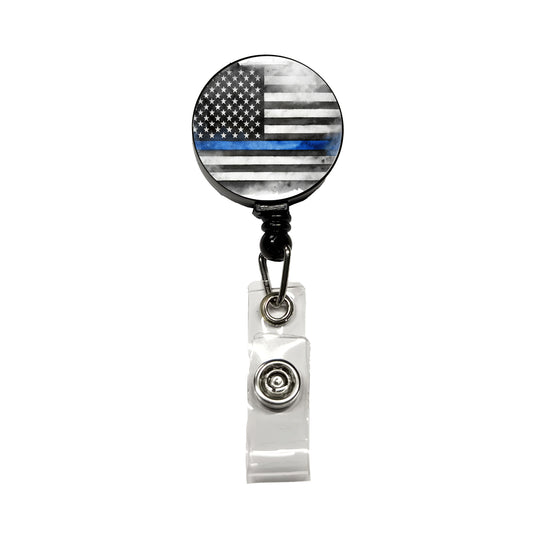 Thin Blue Line Black And White American Flag Support Policemen Police Retractable ID Key Card Name Tag Badge Holder with Clip