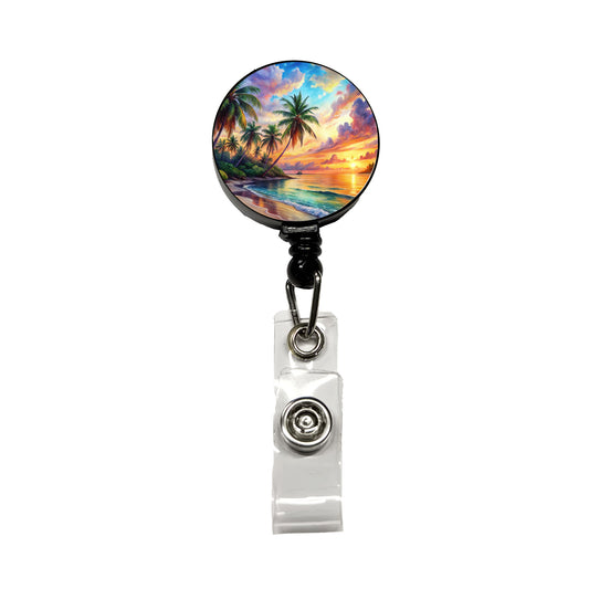 Tropical Beach At Sunset Watercolor Retractable ID Key Card Name Tag Badge Holder with Clip