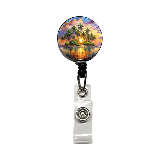 Tropical Deserted Island At Sunrise Watercolor Retractable ID Key Card Name Tag Badge Holder with Clip
