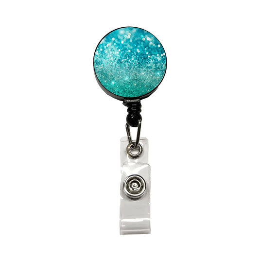 Turquoise Faux Glitter Retractable ID Key Card Name Tag Badge Holder with Clip