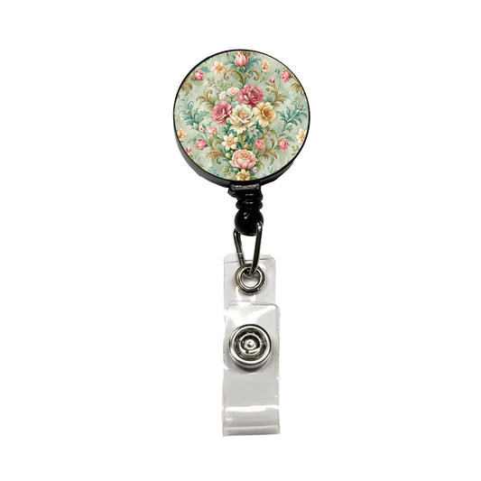 Victorian Flowers Floral Wallpaper Retractable ID Key Card Name Tag Badge Holder with Clip