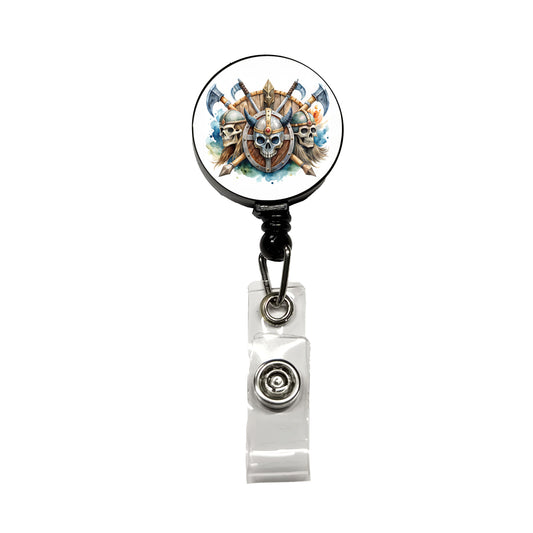 Viking Axes Shields And Skulls Watercolor Retractable ID Key Card Name Tag Badge Holder with Clip