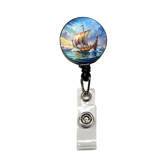 Viking Ship On The Ocean Watercolor Retractable ID Key Card Name Tag Badge Holder with Clip
