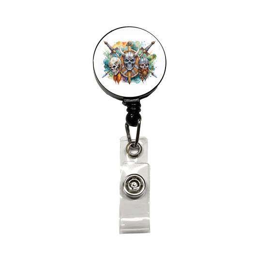 Viking Symbols Shields Swords Skulls Watercolor Retractable ID Key Card Name Tag Badge Holder with Clip