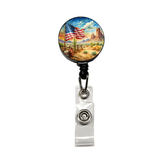 Western Americana American Flag Country Watercolor Retractable ID Key Card Name Tag Badge Holder with Clip