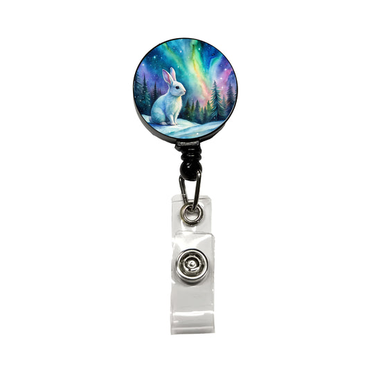 White Bunny Rabbit And Northern Lights Watercolor Retractable ID Key Card Name Tag Badge Holder with Clip