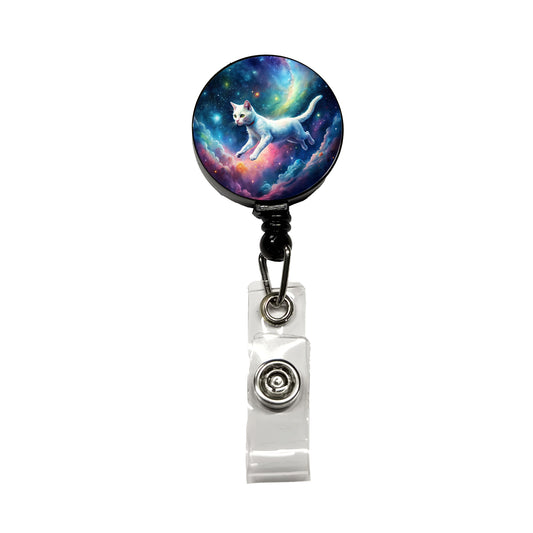 White Cat Flying Through Space Funny Watercolor Retractable ID Key Card Name Tag Badge Holder with Clip