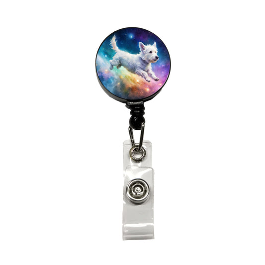 White Dog Flying Through Space Funny Watercolor Retractable ID Key Card Name Tag Badge Holder with Clip