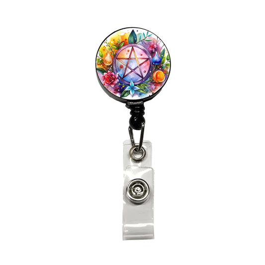 Witch Wiccan Pentagram Floral Watercolor Retractable ID Key Card Name Tag Badge Holder with Clip