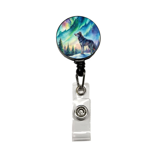 Wolf And Northern Lights Watercolor Retractable ID Key Card Name Tag Badge Holder with Clip