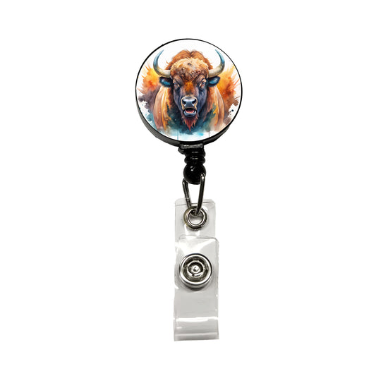 Angry American Bison Buffalo Watercolor Retractable ID Key Card Name Tag Badge Holder with Clip