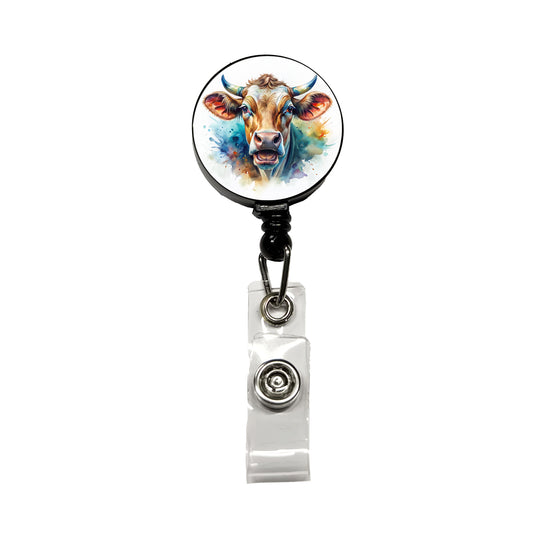 Angry Cow Watercolor Retractable ID Key Card Name Tag Badge Holder with Clip