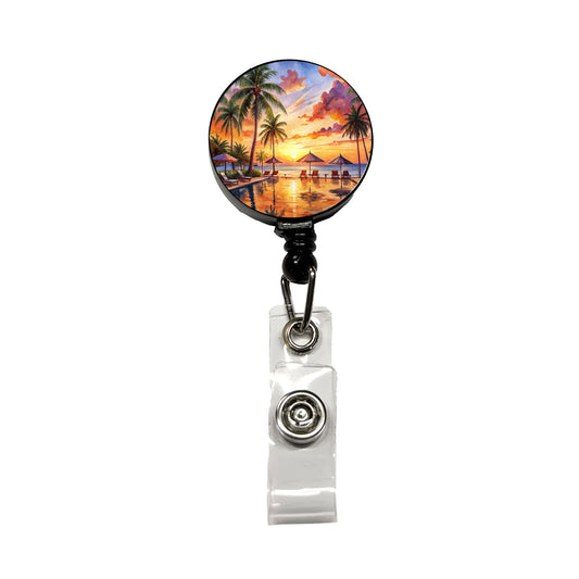 Beach Resort At Sunset Sunrise Tropical Watercolor Retractable ID Key Card Name Tag Badge Holder with Clip