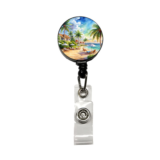 Beach Resort Tropical Scene Watercolor Retractable ID Key Card Name Tag Badge Holder with Clip