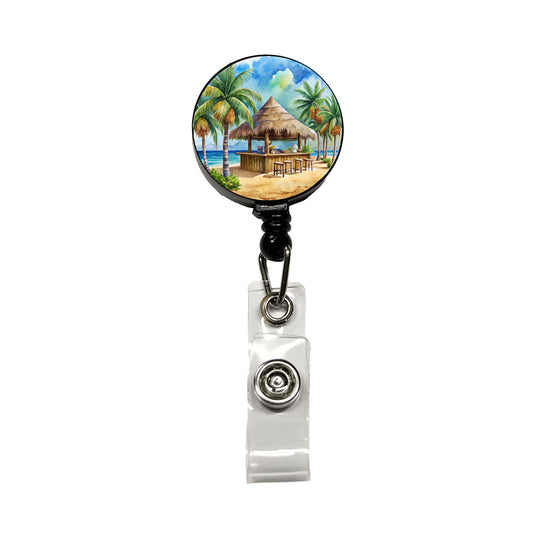 Beach Resort Tropical Scene With Tiki Bar Retractable ID Key Card Name Tag Badge Holder with Clip