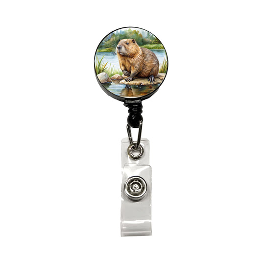 Beaver in the Pond Dam Watercolor Retractable ID Key Card Name Tag Badge Holder with Clip