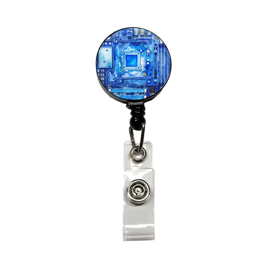Blue Computer Motherboard Watercolor Retractable ID Key Card Name Tag Badge Holder with Clip