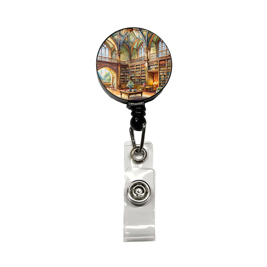 Castle Library Books Reading Watercolor Retractable ID Key Card Name Tag Badge Holder with Clip