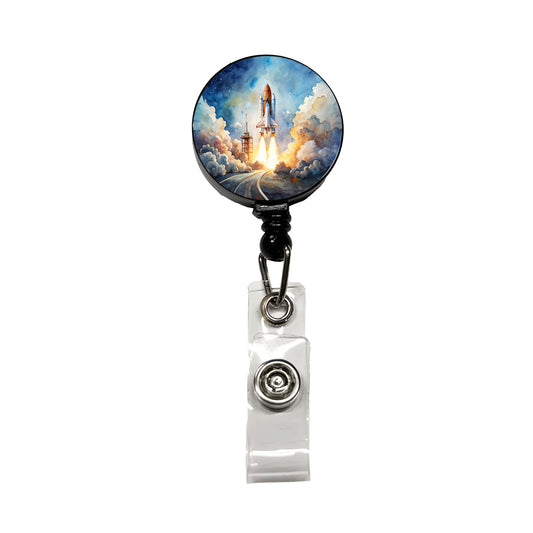 Classic Space Shuttle Launch Watercolor Retractable ID Key Card Name Tag Badge Holder with Clip