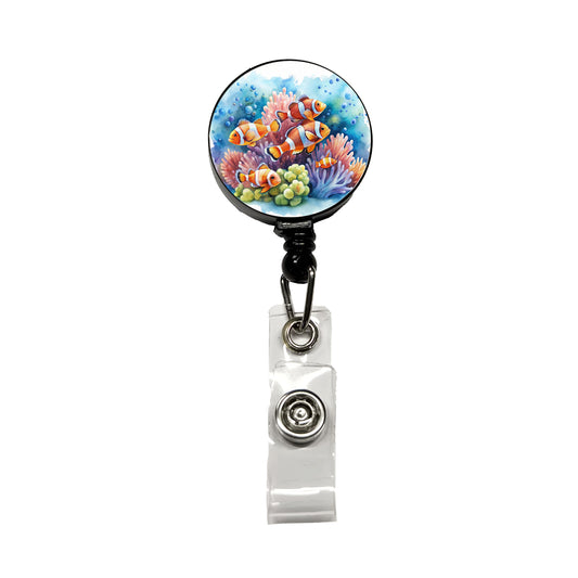 Clown Fish Swimming Around Coral Watercolor Retractable ID Key Card Name Tag Badge Holder with Clip