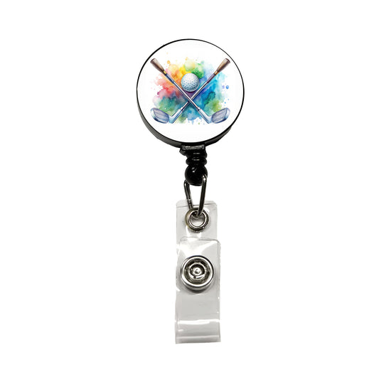 Crossed Golf Clubs And Ball Watercolor Retractable ID Key Card Name Tag Badge Holder with Clip
