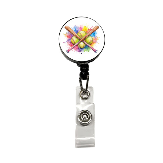 Crossed Softball Bats And Balls Watercolor Retractable ID Key Card Name Tag Badge Holder with Clip