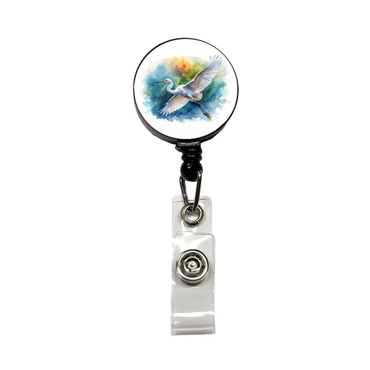 Egret In Flight Watercolor Retractable ID Key Card Name Tag Badge Holder with Clip