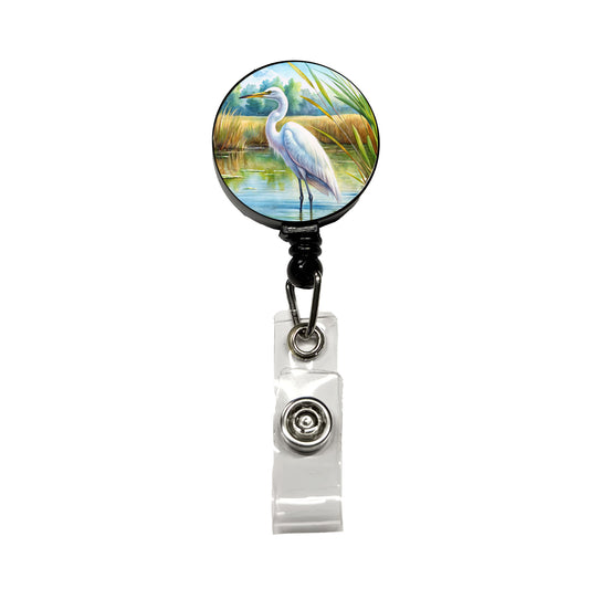 Egret Standing In Marshes Watercolor Retractable ID Key Card Name Tag Badge Holder with Clip