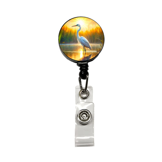 Egret Standing In Pond Backlit By The Sun Watercolor Retractable ID Key Card Name Tag Badge Holder with Clip