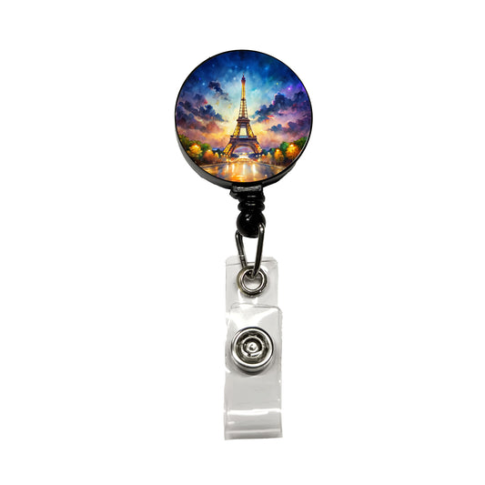 Eiffel Tower At Night Watercolor Retractable ID Key Card Name Tag Badge Holder with Clip