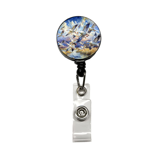 Flock Of Snow Geese In Flight Watercolor Retractable ID Key Card Name Tag Badge Holder with Clip
