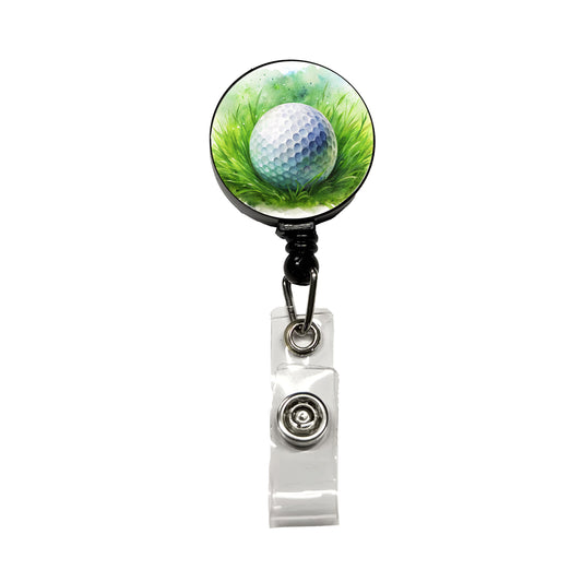 Golf Ball On Grass Watercolor Retractable ID Key Card Name Tag Badge Holder with Clip
