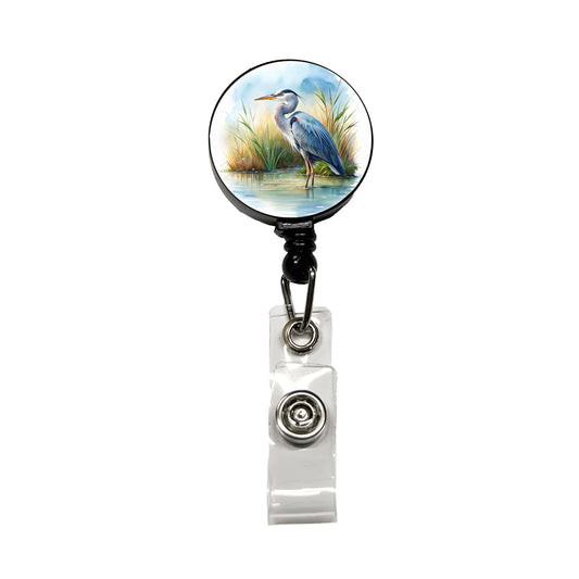 Great Blue Heron Standing In Marsh Pond Watercolor Retractable ID Key Card Name Tag Badge Holder with Clip