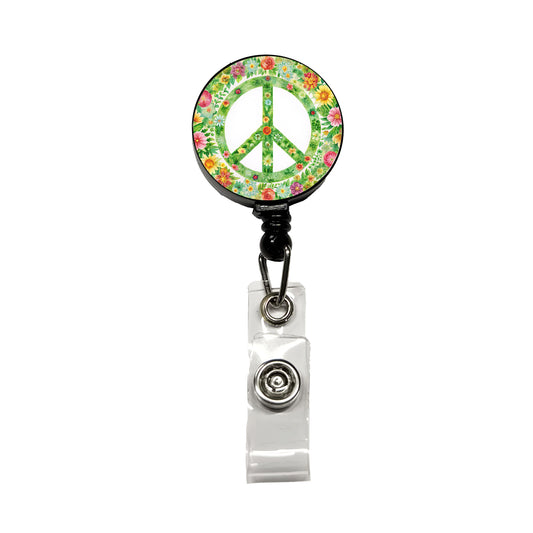 Green Peace Symbol Hippie Floral Watercolor Retractable ID Key Card Name Tag Badge Holder with Clip