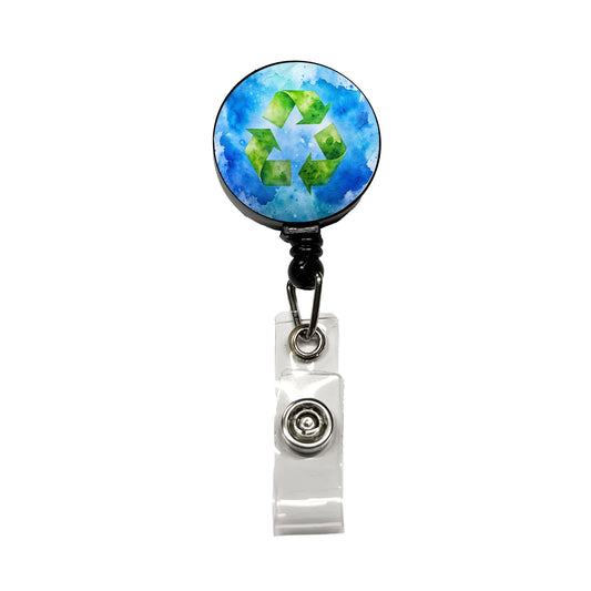 Green Recycle Symbol On A Blue Background Watercolor Retractable ID Key Card Name Tag Badge Holder with Clip