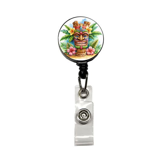 Hawaiian Tiki Statue Watercolor Retractable ID Key Card Name Tag Badge Holder with Clip