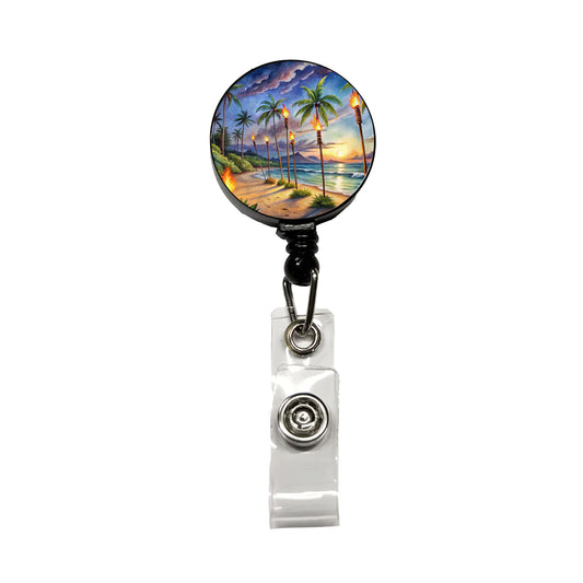 Hawaiian Tropical Beach Scene At Night Lit With Tiki Torches Retractable ID Key Card Name Tag Badge Holder with Clip
