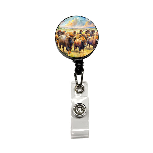 Herd Of Buffalo Bison On The Prairie Watercolor Retractable ID Key Card Name Tag Badge Holder with Clip
