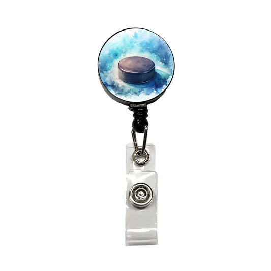 Hockey Puck On Ice Watercolor Retractable ID Key Card Name Tag Badge Holder with Clip