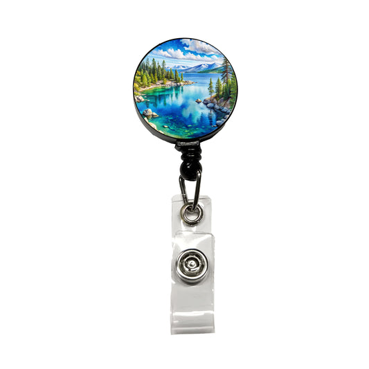 Lake Tahoe California Watercolor Retractable ID Key Card Name Tag Badge Holder with Clip