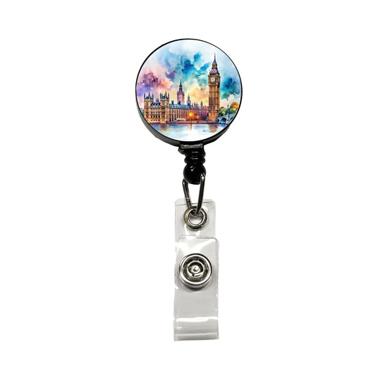 London Big Ben Scene Watercolor Retractable ID Key Card Name Tag Badge Holder with Clip