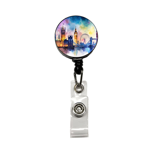 London Skyline At Night Scene Watercolor Retractable ID Key Card Name Tag Badge Holder with Clip