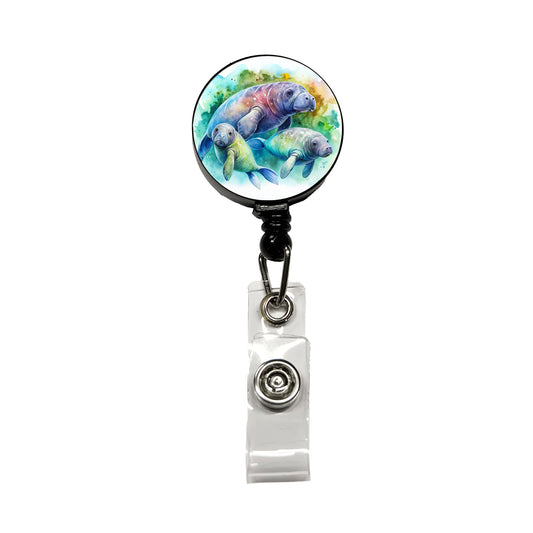 Manatees Family Watercolor Retractable ID Key Card Name Tag Badge Holder with Clip