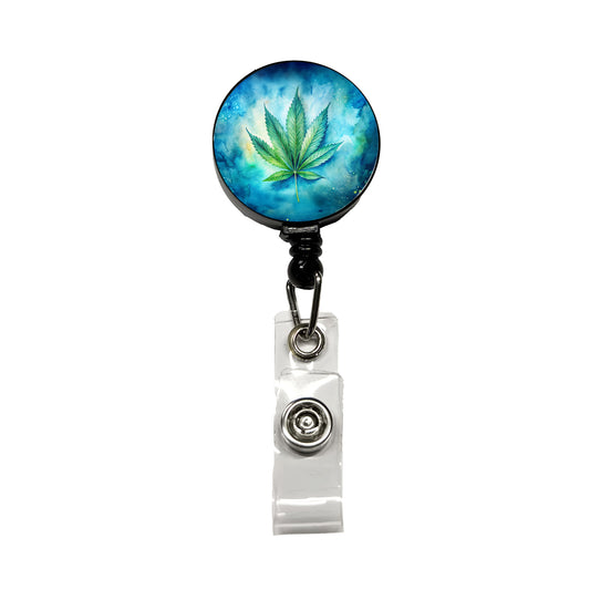 Marijuana Leaf on Blue Background Watercolor Retractable ID Key Card Name Tag Badge Holder with Clip
