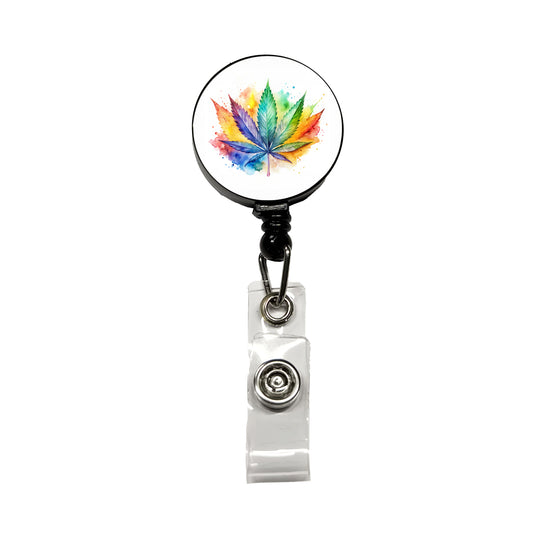 Marijuana Leaf Rainbow Watercolor Retractable ID Key Card Name Tag Badge Holder with Clip