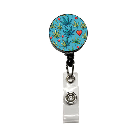 Marijuana Leaves And Hearts Blue Background Retractable ID Key Card Name Tag Badge Holder with Clip