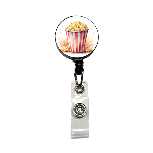Movie Theater Popcorn Bucket Watercolor Retractable ID Key Card Name Tag Badge Holder with Clip