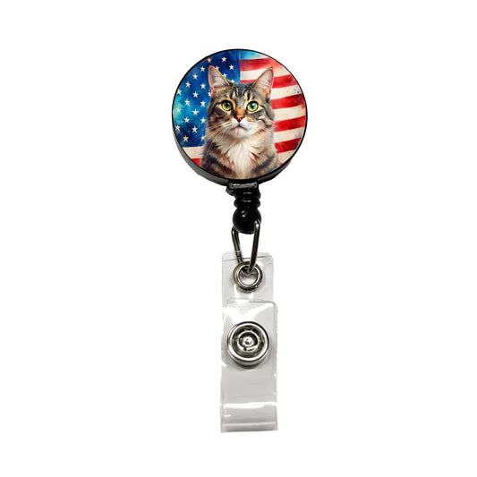Patriotic Cat Watercolor American Flag Background Retractable ID Key Card Name Tag Badge Holder with Clip