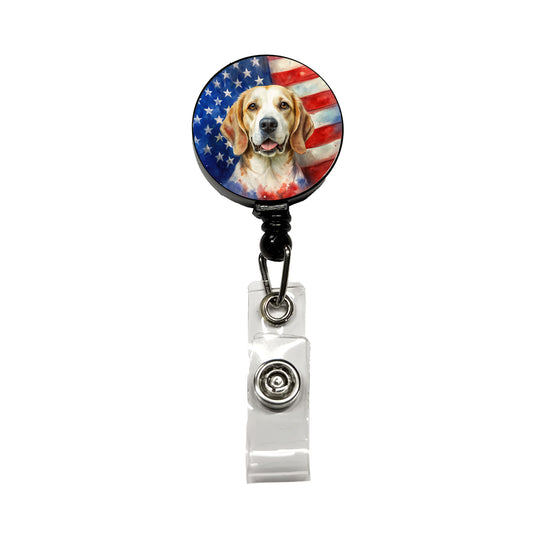Patriotic Dog Watercolor American Flag Background Retractable ID Key Card Name Tag Badge Holder with Clip